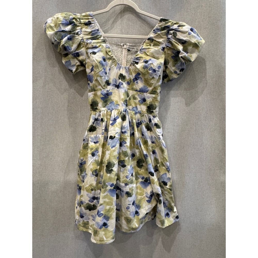 Abercrombie & Fitch Floral Puff Sleeve Mini Dress Blue Green XST 159D2216
